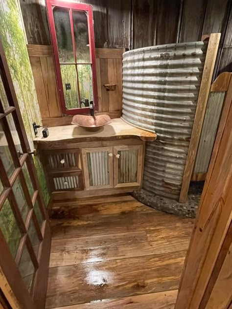 Tiny Cabin Bathroom Ideas, Grain Bin Bathroom Ideas, Silo Bathroom, Grain Bin Bathroom, Shop Bathroom, Rustic Tin Bathroom Ideas, Small Cabin Interiors Rustic, Shed Bathroom Ideas, Old Cabin Bathroom