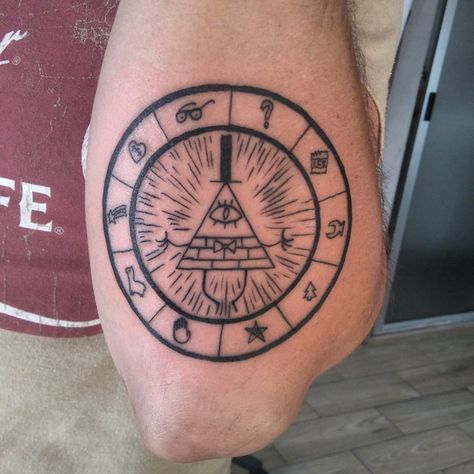 Bill Cipher Tattoo | Gravity Falls Bill Tattoo Gravity Falls, Bill Cipher Tattoo, Gravity Falls Tattoo Ideas, Gravity Tattoo, Tattoo Bills, Bill Tattoo, Nerdy Tattoos, Autumn Tattoo, Bill Cipher