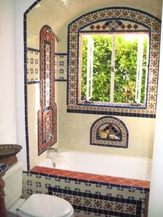 Decorating with Talavera Tiles | Pinterest White Rustic Tile Bathroom, Mexican Tile House, Hacienda Style Homes Mexican, Mexican Houses, Mexican Tile Bathroom, Spanish Style Bathrooms, Tile Tub, Spanish Bathroom, Mexican Bathroom