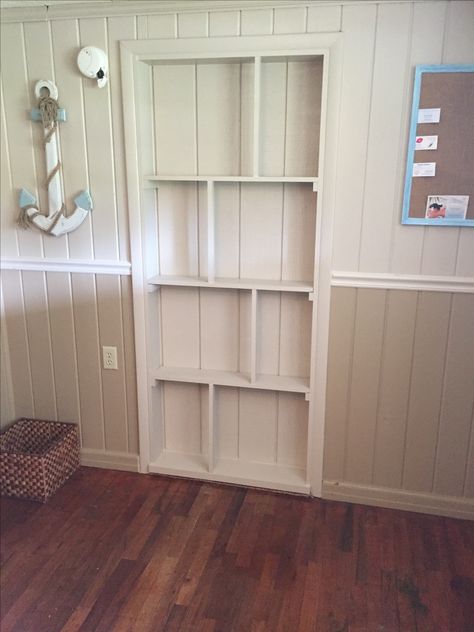 Shelf In Doorway, Unused Doorway Ideas, Hiding A Doorway Ideas, Bookshelf In Doorway, Shelves In Doorway, Doorway Bookcase, Block Up Doorway Ideas, Doorway Shelf, Doorway Shelves