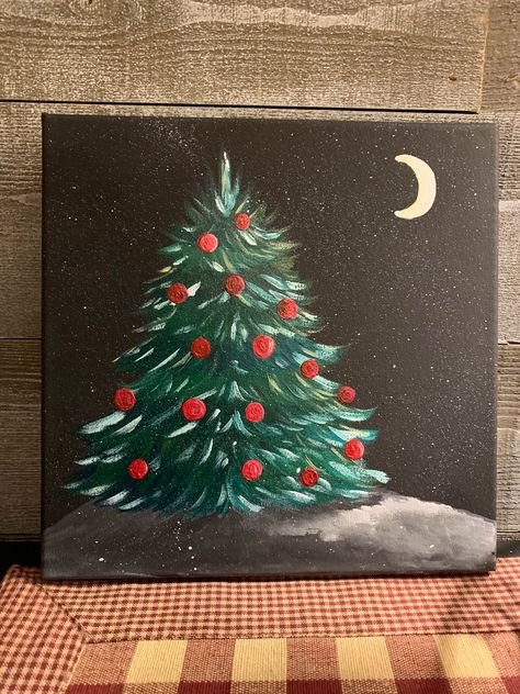 Christmas Tree Ideas Painting, Cute Christmas Tree Painting, Christmas Easy Paintings On Canvas, Small Christmas Painting Ideas, Black Canvas Christmas Painting, Tiny Christmas Paintings, Small Christmas Paintings Mini Canvas, Christmas Canvas Paintings For Kids, Small Christmas Paintings