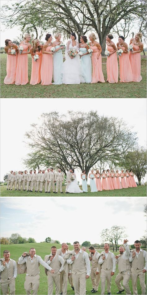 Peach and Mint Wedding. Cute glittered details and great party vibe at the reception. Kayla Peach And Mint Wedding, Navy Bridesmaid Dresses, Summer Wedding Colors, Coral Wedding, Mint Wedding, Peach Wedding, Bridesmaids And Groomsmen, Wedding Beauty, Wedding Plans