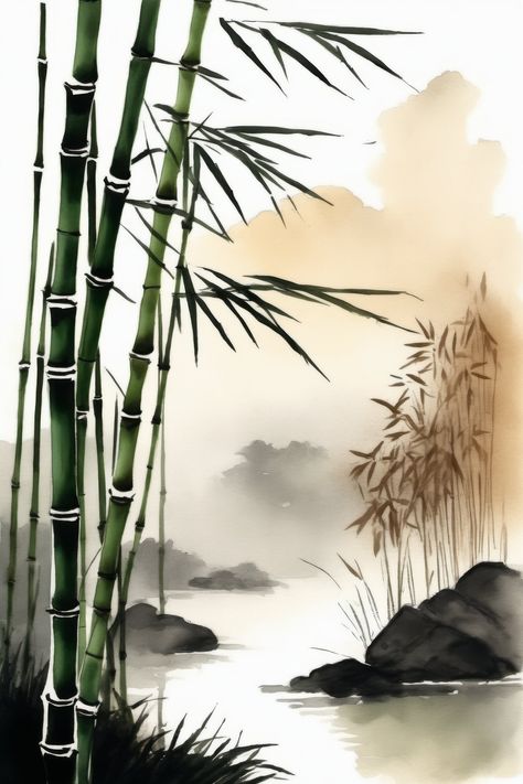 Japanese Bamboo Art, Bamboo Image, Watercolor Digital Art, Bamboo Trees, Japanese Ink Painting, Zen Painting, Japanese Watercolor, Geisha Art, Bamboo Art