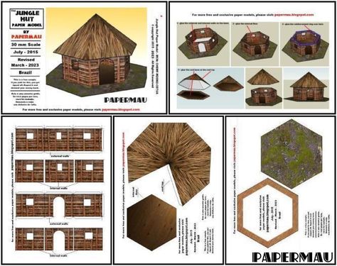 Diorama Background Printable, Paper Diorama Templates Free Printable, Diorama Template, Taiga Diorama, Paper Architecture Model House, Jungle Hut, Indonesian House, Miniature Tiki Hut, Paper Toys Diy