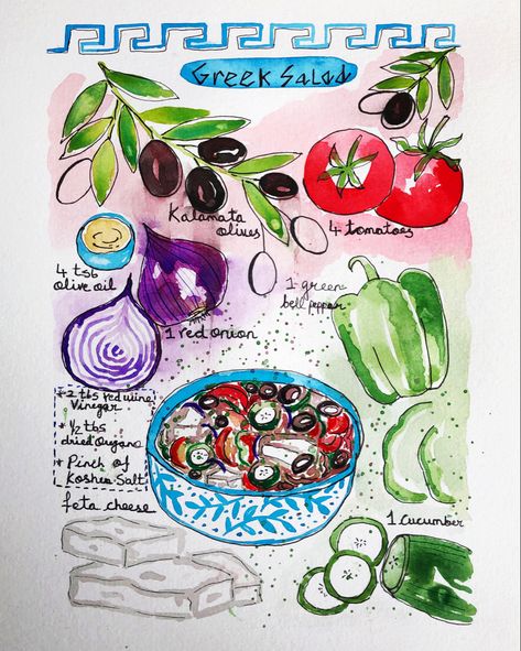 @art_by_ashlesha Greece Sketch, Recipe Illustration, Greek Salad Recipe, Recipe Book Design, Travel Doodles, Watercolor Pencil Art, Recipe Drawing, Food Doodles, Greek Salad Recipes