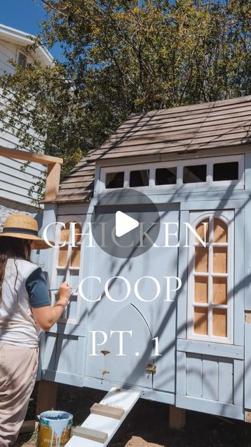 E M I L Y on Instagram: "Chicken Coop Part 1 ✨  Making this coop has been so fun and seeing the vision come to life is always satisfying!   ~ First step is to talk your husband into getting chickens 😆  ~ I found a playhouse off of FB marketplace for $60   ~ Then we made it sturdy and enclosed it 🔨  ~ I painted the inside white since there were different colors of wood after adding on 🖌️  ~ I painted the exterior a cottage blue and will add some painted details 🌷  ~ Moved all the chicks in and just need to finish the chicken run 🐔  Follow along for Part 2 where we build our circular chicken run and add some magical details ✨ . . . . #lowes #loweshomeimprovement #chickencoop #chickens #coop #cutecoop #cutechickencoop #cottagestyle #cottageinspo #chickencoopinspo #playhouse #diyproject # Diy Chicken Coop Paint Ideas, Chicken Coop Cottage, Playhouse Turned Chicken Coop, Chicken Coop Curtains, Shed Turned Chicken Coop, Chicken Coop Mural, Chicken Coop Paint Colors, Diy Wood Playhouse, Chicken Coop Color Ideas Paint