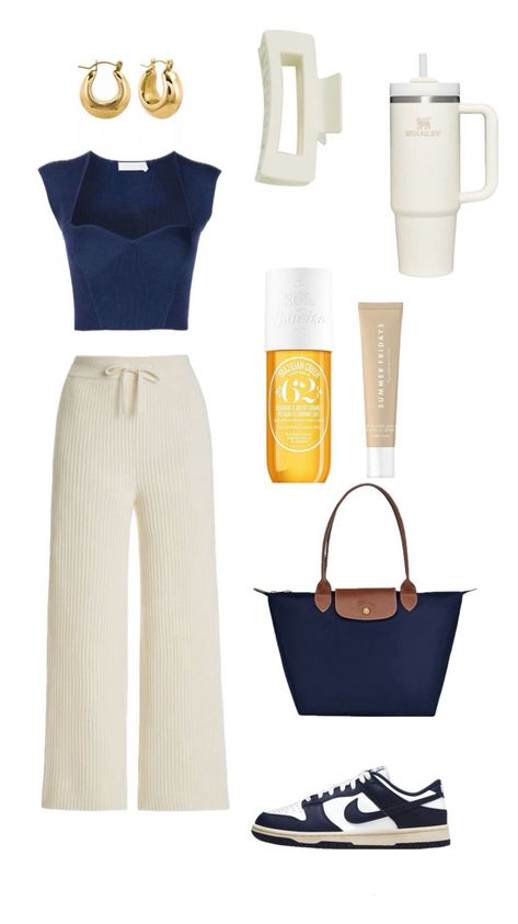 Aesthetic outfit with cream pants, navy top,longchamp bag, stanly Longchamp Bag Outfit Casual, Navy Blue Longchamp Bag Outfit, Beige Longchamp Bag Outfit, Navy Blue And Cream Outfit, Navy Longchamp Bag Outfit, Navy And Cream Outfit, Wednesday Fits, Blue Bag Outfit, Uni Clothes