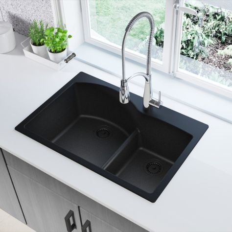 There’s nothing more classic than black and white. #QuartzClassic Narrow Kitchen Remodel, Granite Composite Kitchen Sink, Top Mount Kitchen Sink, Clean Kitchen Sink, Drop In Kitchen Sink, Apron Sink Kitchen, Quartz Kitchen, Single Bowl Sink, Double Bowl Sink