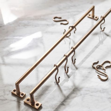 Grove Hanging Rail for pots etc - 77cm long, antique brass finish Brass Hanging Rail Kitchen, Plate Rack With Brass Rail, Brass Pot Rack, Pot Rail Kitchen, Brass Rail Kitchen, Railing On Wall, Brass Kitchen Rail, Brass Pot Rail, Pot Rail