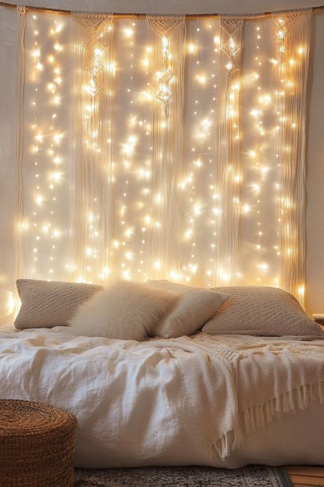 Fairy Lights Girls Bedroom, Fairy Lights Behind Bed, Fairy Lights Above Bed, Fairy Lights Bedroom Ideas, Lights Above Bed, Fairy Lights On Wall, Lights Bedroom Ideas, Girls Bedroom Lighting, Light Gray Bedroom