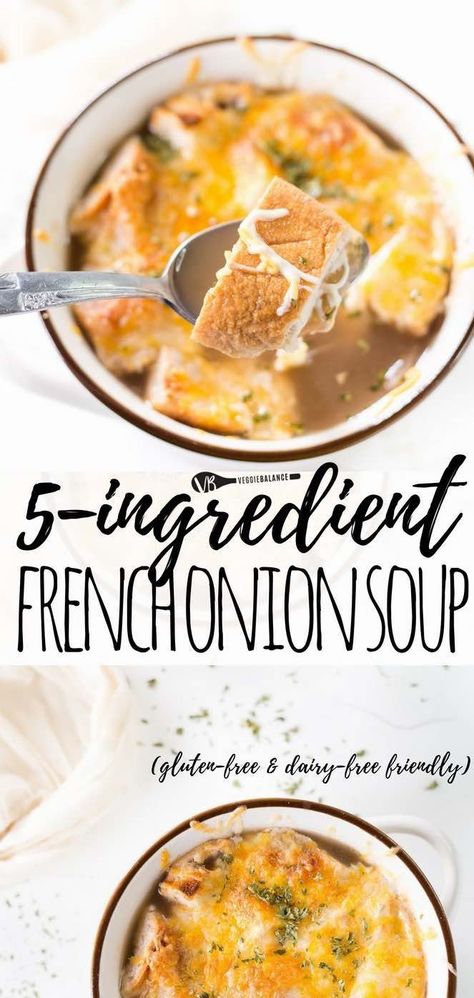 Gluten-free French Onion Soup made with just 5 ingredients to make your tummy cozy and happy. This classic soup du jour is a delicious addition to your week.  (Gluten-Free, Low-Sugar, Nut-Free, Low-Carb and Dairy-Free friendly) Gf French Onion Soup, Keto French Onion Soup Recipe, French Onion Soup Gluten Free, Dairy Free French Onion Soup, Gluten Free Onion Soup Mix, Healthy French Onion Soup Recipe, Gluten Free French Onion Soup, Gluten Free Noodle Soup, Low Calorie French Onion Soup