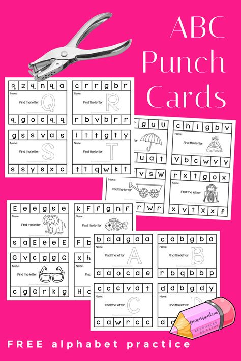 Alphabet Punch Cards - Free Word Work Alphabet Punch Cards, Hole Punch Letters Free, Punch Cards Printable Free, Hole Punch Letters, Free Hole Punch Printables, Hole Punch Activities Free Printable, Grey Lengha, Alphabet Crafts Preschool, Kindergarten Freebies