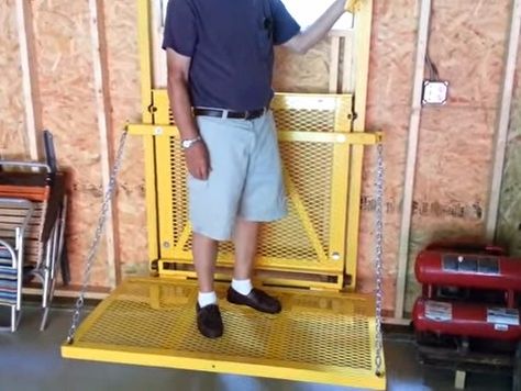 Barn Lift by  -- Homemade barn lift featuring tubing and channel construction and powered by an electric motor. http://www.homemadetools.net/homemade-barn-lift Diy Elevator, Garage Attic Lift, Attic Lift, Garage Lift, Garage Attic, Stair Lift, Elevator Design, Pole Barns, Shop Buildings