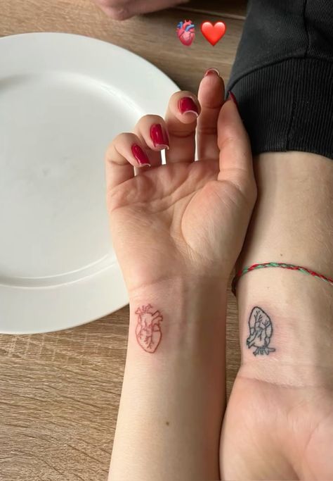 Half And Half Tattoos For Couples, Coordinating Couple Tattoos, Subtle Matching Tattoos Couples, Matching Stick And Poke Tattoo Couple, Matching Boyfriend Girlfriend Tattoos, Boyfriend Girlfriend Tattoos, Couple Matching Tattoos, Girlfriend Tattoos, Matching Tattoos For Couples