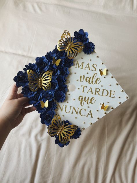 Better late than never Royal Blue Cap Decoration, Graduation Cap Designs Black And Gold, Grad Cap Topper Ideas, Graduation Cap Designs Navy Blue, Pretty Grad Cap Ideas, Butterfly Grad Cap Ideas, Late Graduation Cap, Better Late Than Never Graduation Cap, Blue Grad Cap Decoration