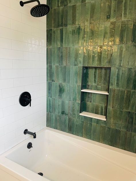 Tub With Surround And Tile, Green Tile Shower With Bench, Green Subway Tile Bathroom Tub, Juniper Tile Bathroom, Tiles Tub Shower Combo, Daltile Remedy Tile, Green Tile Bathroom Black Fixtures, Tile Shower Bathtub, Shower Remodel Green Tile