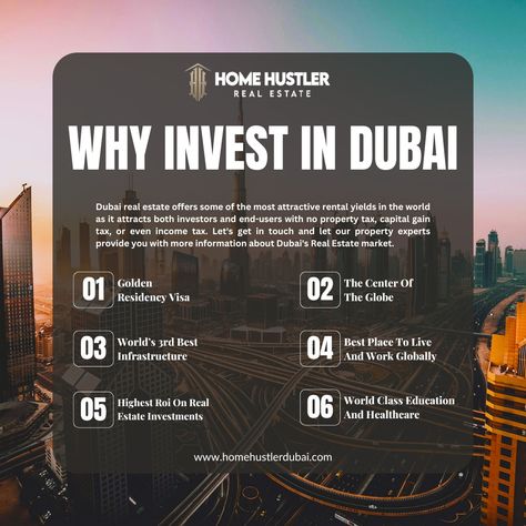 🌆 Why Invest in Dubai? 🏙️ Dubai offers some of the most attractive rental yields globally, with no property, capital gain, or income taxes. From the Golden Residency Visa to world-class infrastructure, Dubai is the ideal place for investors and end-users alike. Let our experts guide you in exploring the endless opportunities in Dubai’s real estate market. For more details, get in touch with us today! Key Reasons to Invest in Dubai: 1️⃣ Golden Residency Visa 2️⃣ The Center of the Globe 3️⃣ ... Luxury Real Estate Creative Ads, Real Estate Business Plan, Dubai Real Estate, Endless Opportunities, Live Wallpaper Iphone, Property Tax, Best Places To Live, Real Estate Business, Income Tax