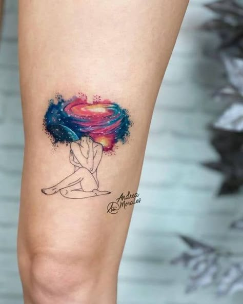 Girl Thigh Tattoos, Special Tattoos, Watercolor Galaxy, Tatuaje A Color, Spiritual Tattoos, Thigh Tattoos Women, E Tattoo, Arm Tattoos For Women, Cartoon Tattoos