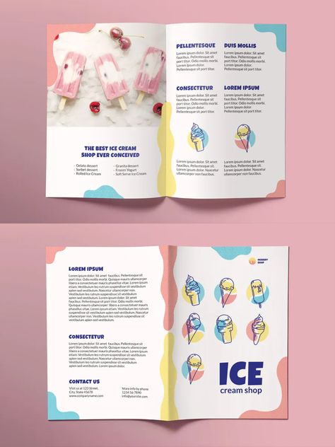 Ice Cream Shop Bifold Brochure Template. Bifold brochure template is perfect for business and corporate purposes. This package contains clean, modern and high-quality bifold brochure templates. Easy to edit and customize, versatile, attractive design and ready for the promotion as well as other marketing goals. Works perfectly for different areas to showcase your business in the best possible way. Ice Cream Brochure, Fish Sketch, Mom Poems, Brochure Design Layout, Ice Cream Design, Marketing Brochure, Bi Fold Brochure, Timeline Design, Flyer Design Templates