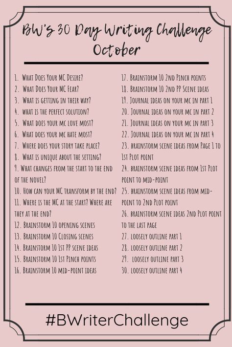 30 Day Writing Challenge October: NaNoWriMo. Preparing for NaNoWriMo? Need Prompts To Guide Your NaNoWriMo Prep? Here Are 30 Story Structure and Character Questions To Help Your Craft Your Novel. #Nanowrimoprompts #nanowrimo #writingprompts #writingtips Poetry Challenge, Nanowrimo Prep, October Writing Prompts, October Writing, 30 Day Writing Challenge, Character Questions, Writing Prompts For Writers, Creative Writing Tips, Writers Notebook