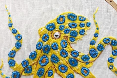 Straight Stitch Embroidery, Octopus Embroidery, Blue Ringed Octopus, Ringed Octopus, Embroidery Stitches Beginner, Octopus Design, Embroidery Template, Basic Embroidery Stitches, Needlework Embroidery