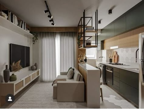 Small Open Kitchens, Room Partition Wall, Open Kitchen And Living Room, Studio Apartment Living, Desain Pantry, Small Apartment Interior, Open Plan Kitchen Living Room, Living Room And Kitchen, Apartment Living Room Design