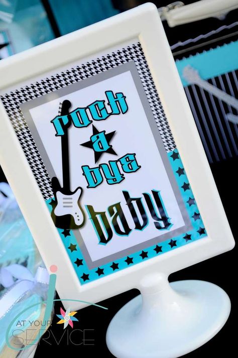 Rock A Bye Baby Shower | CatchMyParty.com Rock Baby Showers, Rock N Roll Guitar, Fiesta Shower, Guitar Boy, Baby Boy Shower Party, Boy Baby Shower Ideas, Rock A Bye Baby, Baby Shower Party Ideas, Shower Party Ideas