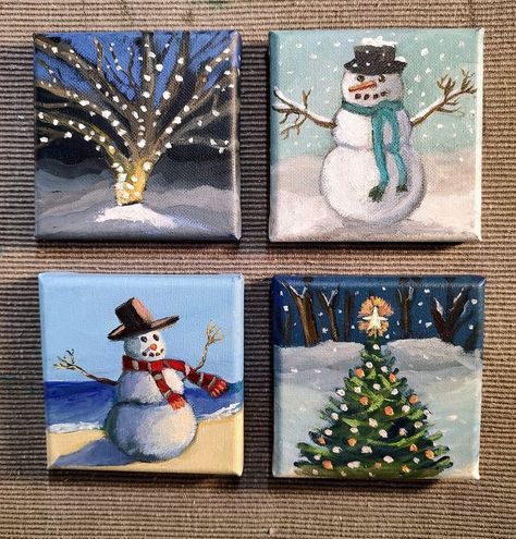 Christmas Cartoon Paintings, Paintings Christmas, Mini Canvas Art Christmas, New Year Painting, Mini Christmas Canvas Paintings, Mini Christmas Canvas, Christmas Painting For Kids, Xmas Paintings On Canvas, Holiday Paintings On Canvas