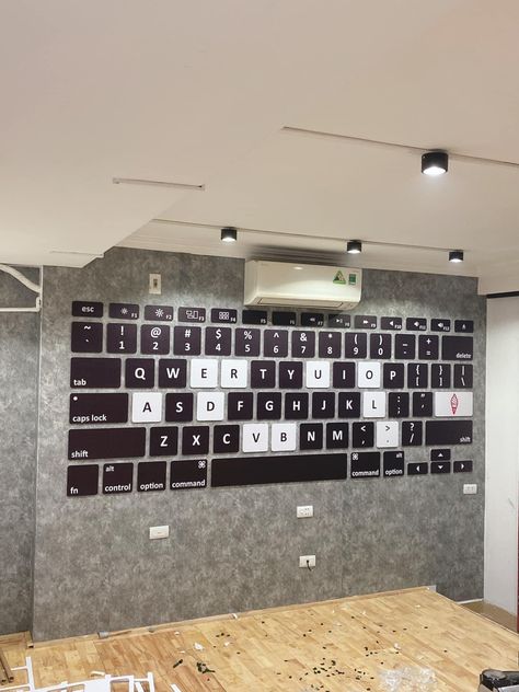 Keyboard design as wall decoration for coffee shop / ice cream parlors Keyboard On Wall, Coffee Shop Wall Design, Shop Wall Design, Decoration For Coffee Shop, Coffee Shop Wall, Online Coffee Shop, Keyboard Design, School Art Activities, Wood Wall Design