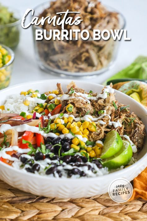 Tastes better than your favorite Chipotle bowl! Pork carnitas bowls are full of flavor and better than takeout. Use left over flavorful, slow cooker pork, cilantro lime rice, and prepped toppings for a super easy and super quick meal. Easy clean up, one pan cooking, and totally customizable toppings make this an instant win for any family. This pork dinner idea is the easiest dinner recipe that you can make on a busy night. Pork Chipotle Bowl, Pork Loin Rice Bowls, Pork Carnitas Burrito Bowls, Shredded Pork Meal Prep, Pull Pork Bowl, Carnitas Recipe Leftover, Pork Loin Bowl Recipe, Shredded Pork Burrito Bowl, Shredded Pork Bowl Recipes