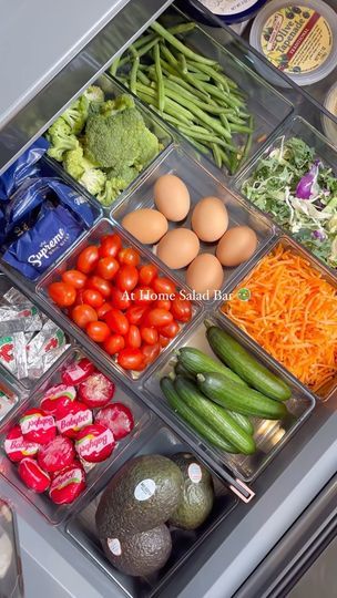 43M views · 2M reactions | “We’ve got a salad bar at home” ☺️ One of my New Year’s resolutions is to eat at least one salad per day, and this system has really helped. Even my husband has taken to eating more salads as well. What other items should I add to it? #fridgeorganization #fridgerestock #restock #saladbar #foodie #organizedhome #kitchenorganization | Micah Enriquez | kardashianshulu · The Kardashians is now streaming on Hulu Built In Salad Bar At Home, Home Salad Bar Ideas, Home Salad Bar Storage, Salad Storage In Fridge, Salad Bar At Home, Home Salad Bar, At Home Salad Bar, Salad That Keeps In Fridge, At Home Salad Bar In Fridge