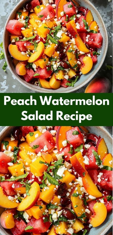 How about a sweet and savory salad? This peach watermelon salad recipe is ideal. Combining fresh peaches and watermelon, it's perfect for peach salad recipes and watermelon salads fans. Peach Salad Recipes, Fresh Peach Recipes, Watermelon Salad Recipes, Easy Fruit Salad Recipes, Melon Salad, Gourmet Salad, Peach Recipes, Fruit Salad Easy, Feta Recipes