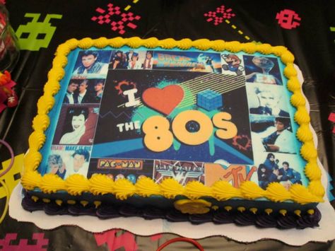 Simple 80s Cake: Made a collage with images of favorite 80s artists... and had it printed on a cake at the supermarket. Retro Cake 80's, 80s Artists, 80s Cake, 80s Aesthetic Retro, 80s Birthday, 80s Birthday Parties, Ugly Cakes, 1980s Party, 80s Theme Party