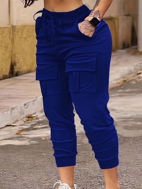 Royal Blue Casual Collar  Knitted Fabric Plain Jogger Embellished Medium Stretch  Women Clothing Cargo Pants Women Outfit, Cute Sweatpants Outfit, High Waisted Pants Outfit, Shweshwe Dresses, Cute Sweatpants, Casual Chic Outfits, Cargo Pants Outfit, Azul Real, Kawaii Fashion Outfits