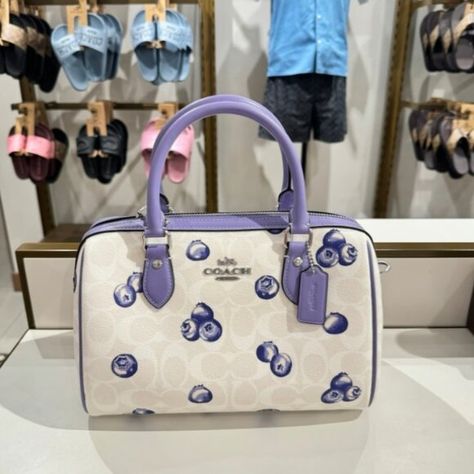 COACH Rowan Satchel Bag In Signature Canvas With Blueberry Print Coach Fruit Bag, Coach Rowan Satchel, Blueberry Print, Coach Tote Bags, Coach Handbag, Signature Canvas, Recycled Leather, Distressed Black Jeans, Satchel Bag