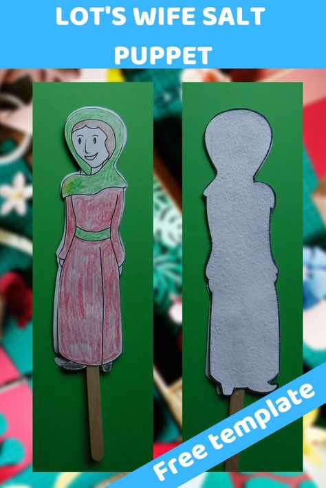 Easy Bible Craft for children. Lot's Wife turn's into a pillar of salt. Spin puppet around. One side normal, one side salt. Free template included. Lot Bible Craft, Lot's Wife Pillar Of Salt Craft, Lot's Wife Bible Story, Salt Crafts, Lots Wife, Lot Bible, Abraham And Lot, Bible Lesson For Kids, Pillar Of Salt