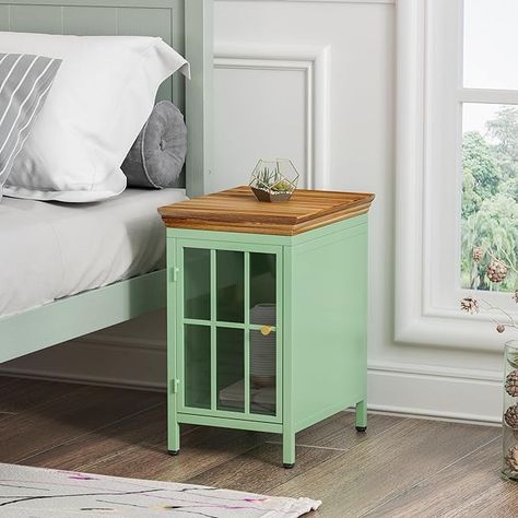 Amazon.com: Dolonm 20 INCH Night Stand, Bedside Table, Mint Green with Solid Wood Top, Rectangle End Table with Storage Cabinet for Bedroom and Living Room, Mint-Set of 1 : Home & Kitchen Coffee Table In Bedroom, Nightstand With Storage, Metal Nightstand, Tempered Glass Door, Living Room Organization, Blue Cabinets, Side Coffee Table, Green Cabinets, Modernist Design