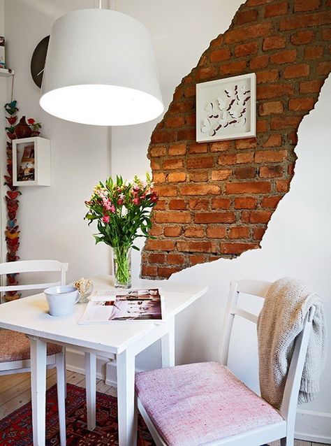 2-Brick Diy Brick Wall, Small Space Inspiration, Scandinavian Dining Room, Small Room Design, Small Apartment Living, Brick Walls, Brick Wallpaper, Design Del Prodotto, Dining Nook