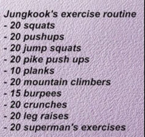 Jungkook Exercise, Jungkook Workout Routine, Jungkook Workout, Superman Workout, Jump Squats, Leg Raises, Exercise Routine, Waist Workout, Burpees