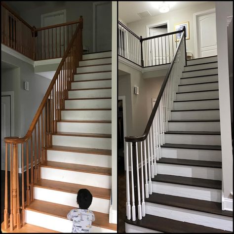 Light Floor Dark Stairs, Dark Wood Staircase, Stair Renovation, Open Stairs, Stair Makeover, White Stairs, Hardwood Stairs, Hardwood Floors Dark, Wood Staircase