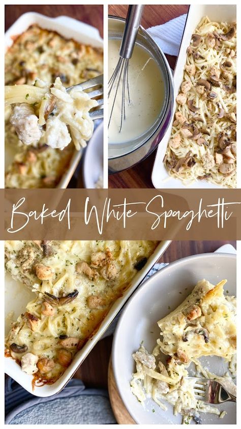 #ad This Baked White Spaghetti is an easy weeknight dinner! Sauteed chicken & mushrooms are layered in cooked spaghetti with a creamy egg/milk/cheese combo before being baked. Absolute perfection! Undeniably Dairy, Iowa Food, Creamy White Sauce, Chicken Mushrooms, Tortellini Bake, Sausage Tortellini, Comfort Casseroles, Seasoned Chicken, White Spaghetti