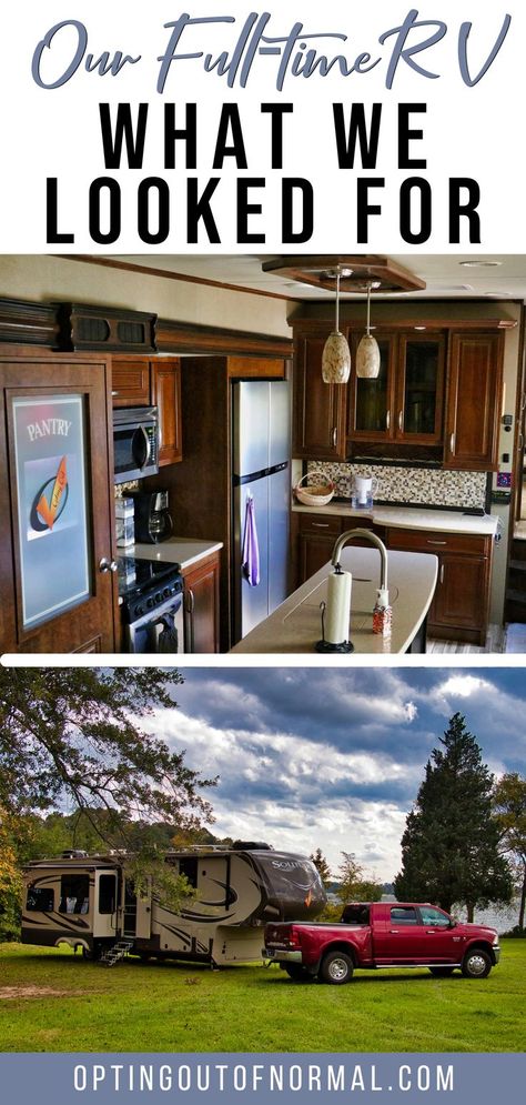 We love our RV. After years of research we had a few "must haves" when we purchased our full time living 5th wheel. We'll share some of our wants and needs to be able to live and travel full time in our RV. If you're looking to purchase an RV, we share some things to think about before you purchase. The best Tips and must Haves that new owners need to know! Are you thinking about buying an RV for the first time? Come see what we learned about our own RV - and we share tips about our RV life Best Rv For Full Time Living, Rv Full Time Living 5th Wheels, Fifth Wheel Living Full Time, 5th Wheel Living Full Time, Living In A Fifth Wheel Full Time, Full Time Rv Living Hacks, 5th Wheel Living, Rv Boondocking, Rv Diy