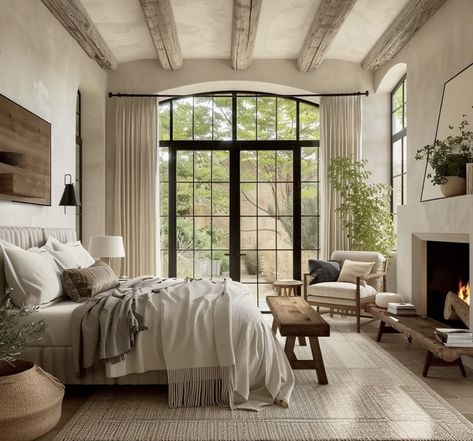 Resort Style Bedroom Master Suite, European Interior Design Bedrooms, European Master Bedrooms Decor, Cozy Big Bedroom, European Bedroom Aesthetic, Primary Bedroom Design, Luxury Home Interior Design, Mediterranean Room, Restoration Hardware Bedroom