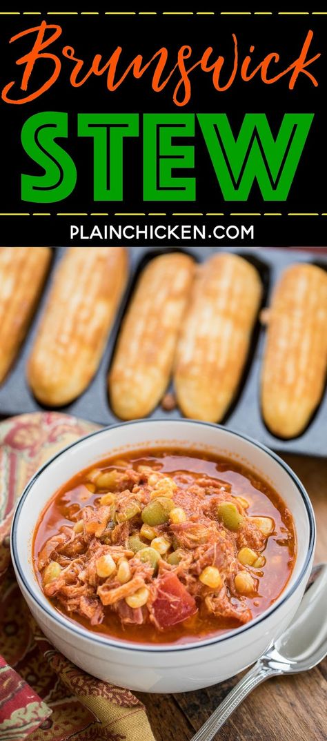 Quick Brunswick Stew - ready in 20 minutes! Pulled pork, chicken, lima beans, corn, chicken broth, BBQ sauce, tomato sauce - throw in the pot, bring to a boil and simmer for a few minutes. SO delicious! We made this two weeks in a row. We couldn't get enough of it! YUM! Recipe For Brunswick Stew, Best Brunswick Stew Recipe, Stew Recipes Crockpot, Brunswick Stew, Corn Chicken, Pork Chicken, Supper Ideas, Lima Beans, Instapot Recipes