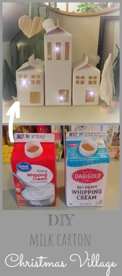 DIY Milk Carton Christmas Village Christmas Carton Decorations, Crafts With Milk Cartons, Christmas Milk Carton Crafts, Milk Carton Houses Christmas, Milk Carton Christmas Crafts, Milk Carton Christmas Village, Upcycle Milk Carton, Cardboard Village Diy, Cardboard Christmas Village Diy