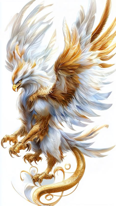 A powerful griffin, with the head of a white and gold eagle and the powerful claws of a lion, spreads its majestic wings. Its striking golden serpent tail adds to the mythical creature's imposing presence. Golden Eagle Aesthetic, Magical Animals Mythical Creatures, Mythical Eagle, Flying Griffin, Golden Dragon Art, Flying Mount, Mythical Griffin, Griffin Mythical, Lion Claw