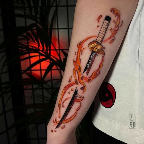 Tattoo Ideas For Men Forearm Anime, Flame Hashira Tattoo, Rengoku Tattoo Set Your Heart Ablaze, Anime Hand Tattoos For Guys, Rengoku Set Your Heart Ablaze Tattoo, Subtle Demon Slayer Tattoos, Demon Slayer Swords Tattoo, Demon Slayer Tattoo Rengoku, Dragon Slayer Tattoo