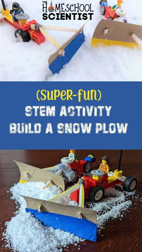 STEM Activity for kids, elementary age, middle school, or high school age. Build a snow plow and test different features. Who can make the strongest shovel? Who can make the best attachment mechanism. This is a super-easy, but FUN STEM challenge that uses common household or craft materials. Ideal for homeschool or classroom use #homeschool science #STEM Lego Stem Challenges Middle School, Weather Homeschool, Stem Snow, Steam Activities Elementary, Winter Stem Activities, Winter Stem, Steam Classroom, Fun Stem Activities, Science Board