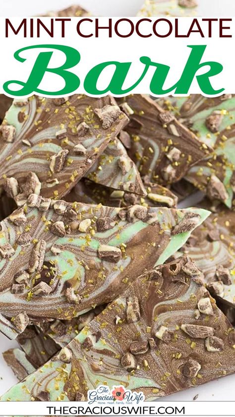 Easy Mint Chocolate Bark recipe with smooth, rich chocolate swirled with mint flavored white chocolate makes a quick, easy, and decadent dessert. If you love mint chocolate, like those Andes mint chocolates, then you will LOVE this. In the interest of full disclosure, I actually made this for Christmas this past year, but it was so good, I'm making it again for St. Patrick's Day. Any excuse for chocolate, right? | @graciouswife #stpatrickstreats #stpatricksdaybark #mintchocolatebark Mint Chocolate Bark Recipe, Mint Chocolate Bark, Andes Mint Chocolate, Desserts With Few Ingredients, Chocolate Bark Recipe, Andes Mint, Quick Dessert Recipes, Delicious Family Meals, Chocolate Swirl