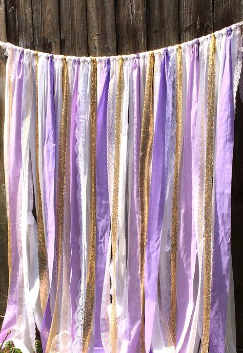 Lavender Backdrop, Rag Curtains, Burlap Party, Ribbon Backdrop, Rapunzel Birthday Party, White Coat Ceremony, Fabric Balls, Garland Backdrops, Gold Party Decorations